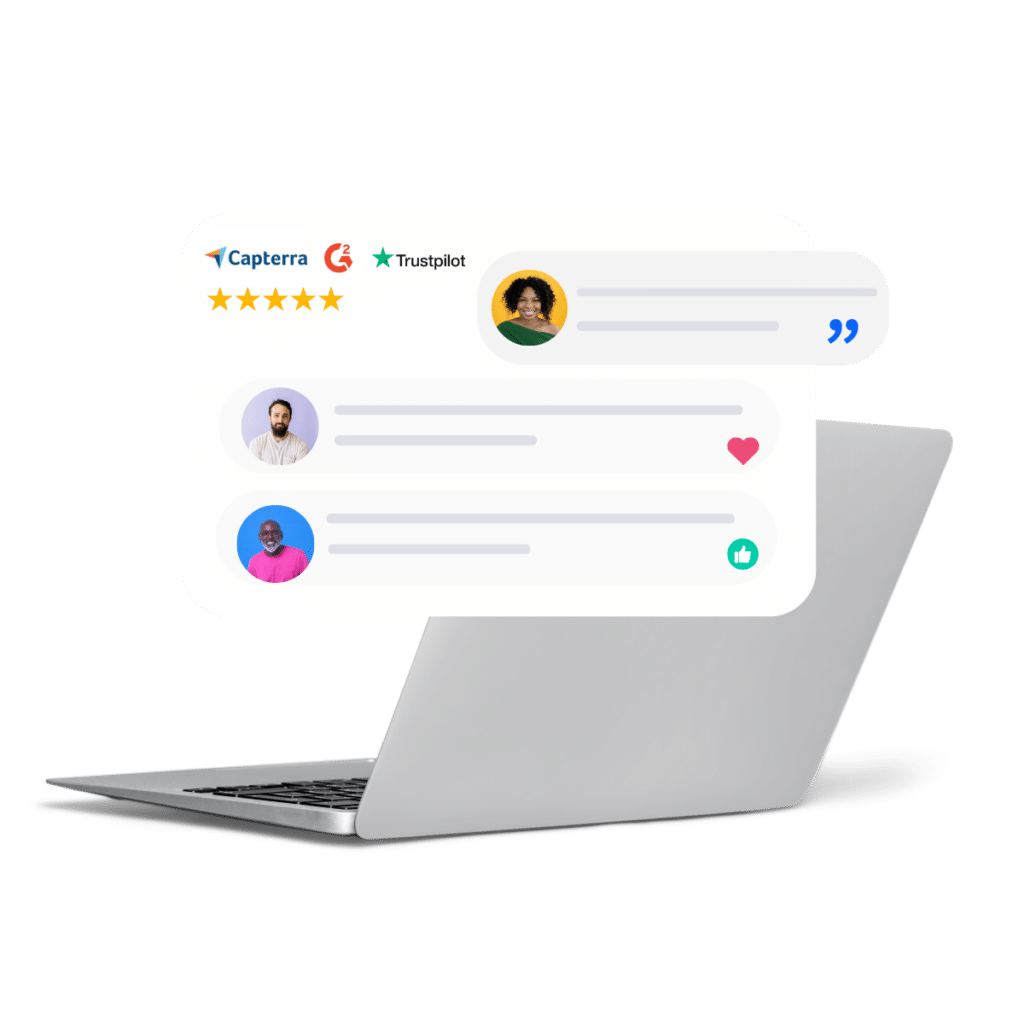 A laptop displays a review interface with ratings from Capterra and Trustpilot. It shows profile pictures and comments from three users. One user has a highlighted, amplified comment.