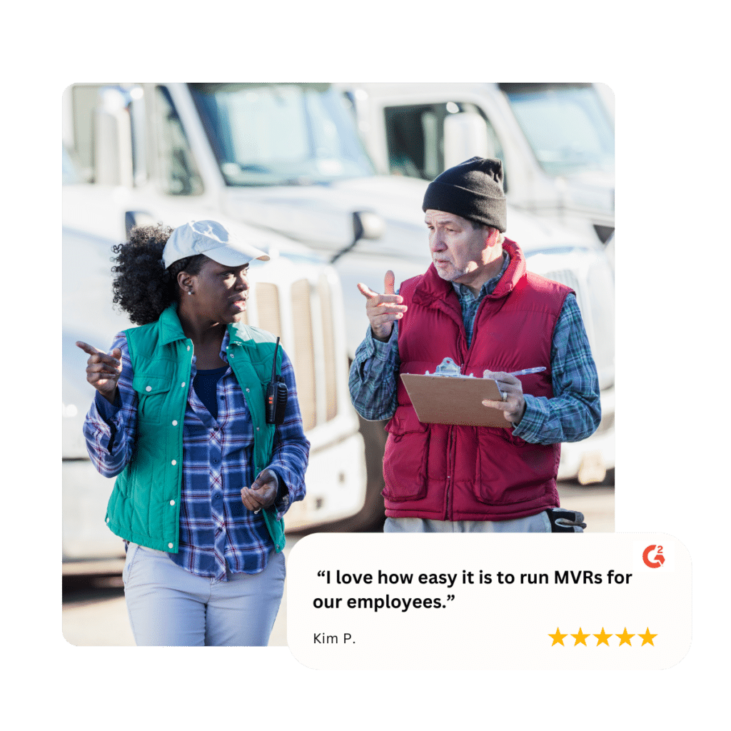 A man and woman, dressed in warm clothing and discussing something, stand in front of trucks. The woman wears a green vest and cap, while the man has a red vest and beanie. A testimonial below praises the ease of running MVRs for employees with a five-star rating.