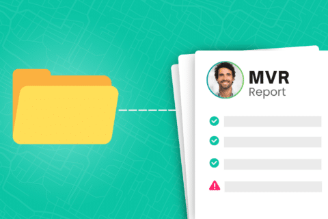 Illustration showing a yellow folder linked to a document titled MVR Report with a circular photo placeholder and checklist. The checklist, part of the driver background check process, features green check marks and a red exclamation mark. The background is a light teal map pattern.