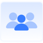 Icon of two abstract people figures inside a rounded square with a blue background.