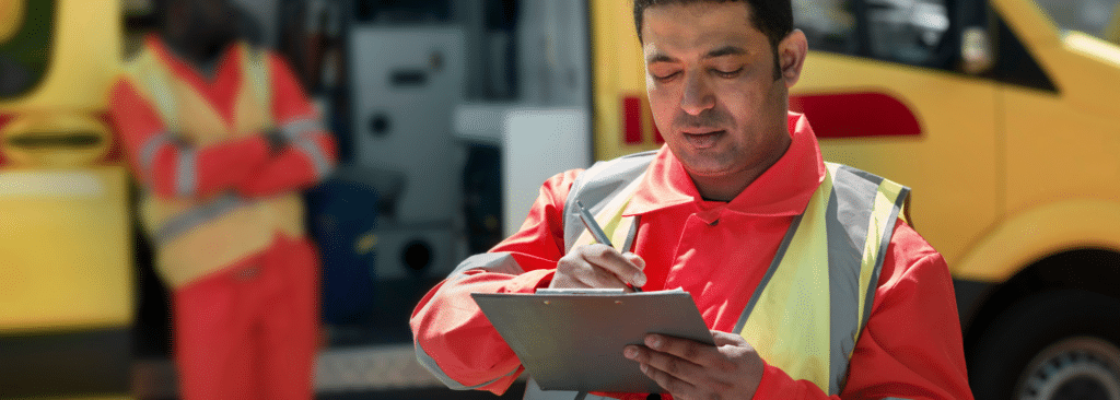 A worker in high-visibility clothing writes on a clipboard while standing in front of a yellow vehicle. Another person is leaning on the vehicle in the background, wearing similar attire. The scene appears to be outdoors during daytime.