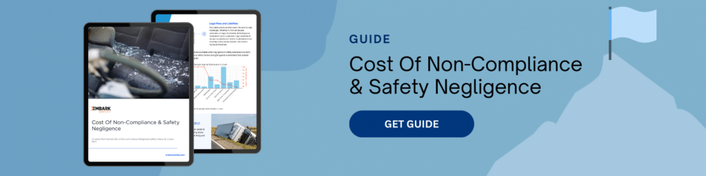 A blue banner features two tablets displaying a guide titled Cost Of Non-Compliance & Safety Negligence. A blue flag icon is on the right, and a Get Guide button is in the center.