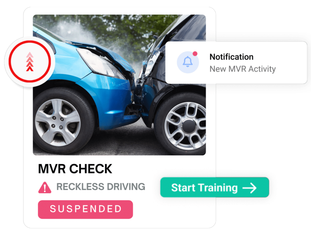 Two cars are involved in a collision, shown in the center. A notification overlays the image, indicating New MVR Activity. Below, a RECKLESS DRIVING warning is highlighted, with a SUSPENDED status and a Start Training button.