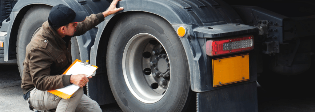 A man wearing a cap and jacket examines the rear tire of a large truck. He holds a clipboard in one hand and places the other on the truck. The scene suggests a vehicle inspection in progress. The trucks rear light and license plate are visible.