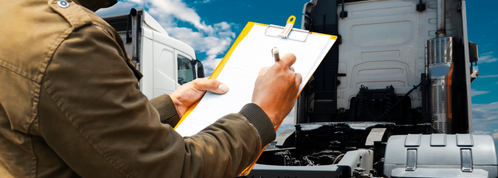 A person in a brown jacket is holding a clipboard and pen, writing on a sheet of paper. In the background, two large trucks are visible under a blue sky with clouds.