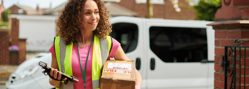 A delivery worker with curly hair and a yellow safety vest stands outside, holding a handheld device and a package labeled Fragile. A white van is parked in the background in a residential area.