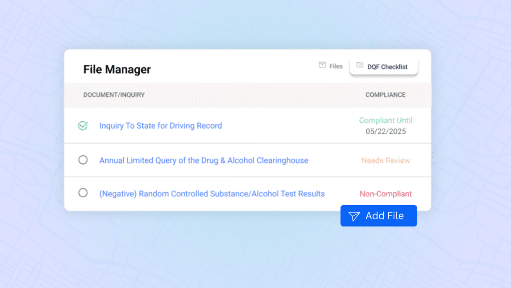 A digital interface titled File Manager displays a list of documents: one compliant, one needing review, and one non-compliant regarding driver compliance, each with related dates. A blue Add File button is at the bottom. The background features a map design.