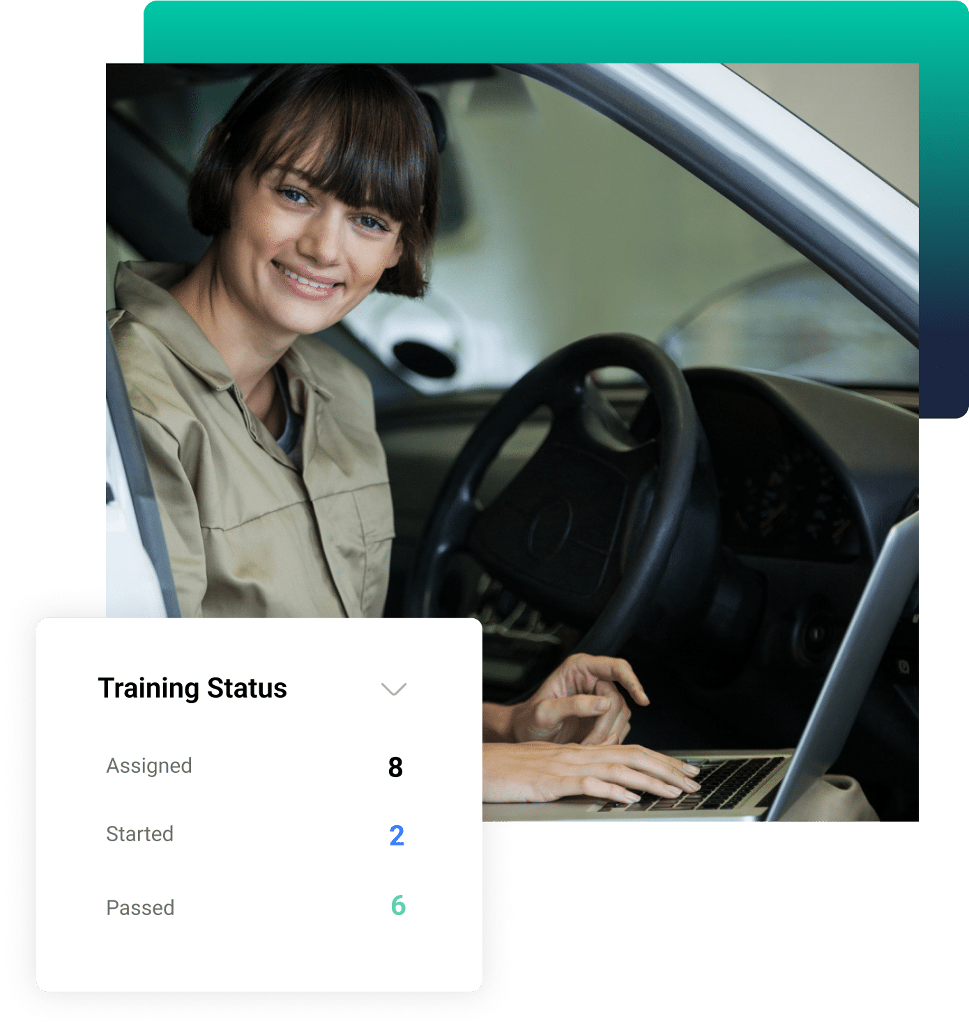 A person in a beige jacket sits in a car, smiling while using a laptop. Theyre engaged in Fleet Driver Training, as shown by the training status box: Assigned 8, Started 2, Passed 6.